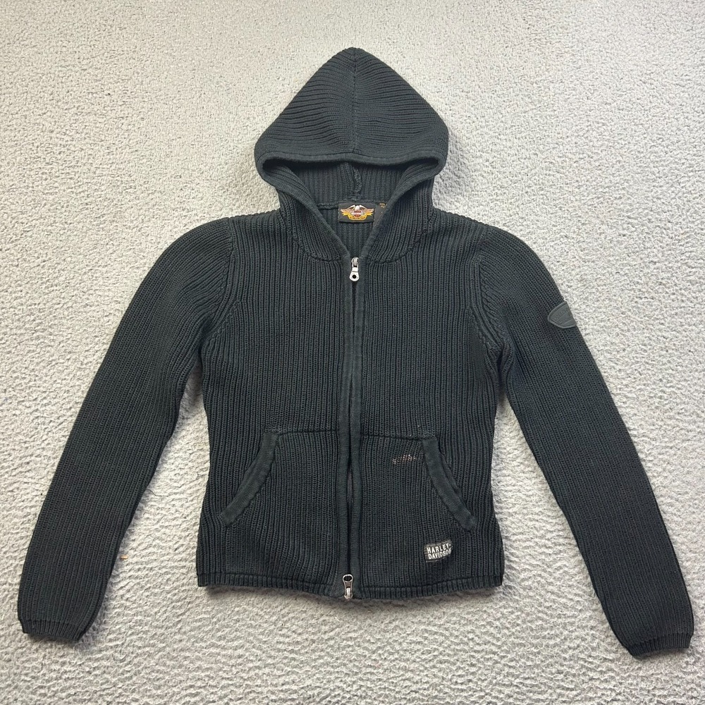 VTG Harley Davidson Womens Black Ribbed Zip Sweater Jacket Made In Japan Small